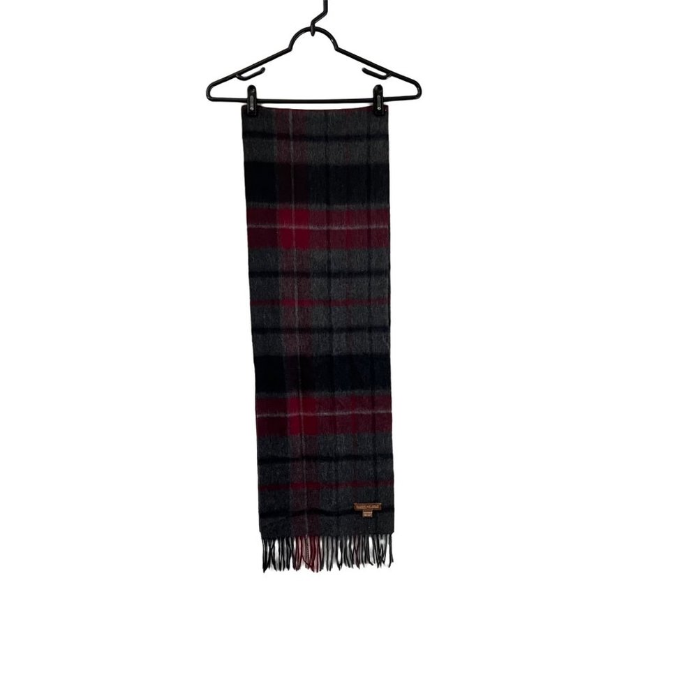 Elliot Mulryan Mens Gray Black Burgundy Plaid Cashmere Fringe Rectangle Scarf